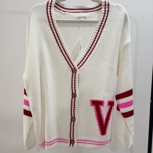 Dee Elly Varsity Letter Cardigan Medium White Pink Red Preppy V Sweater